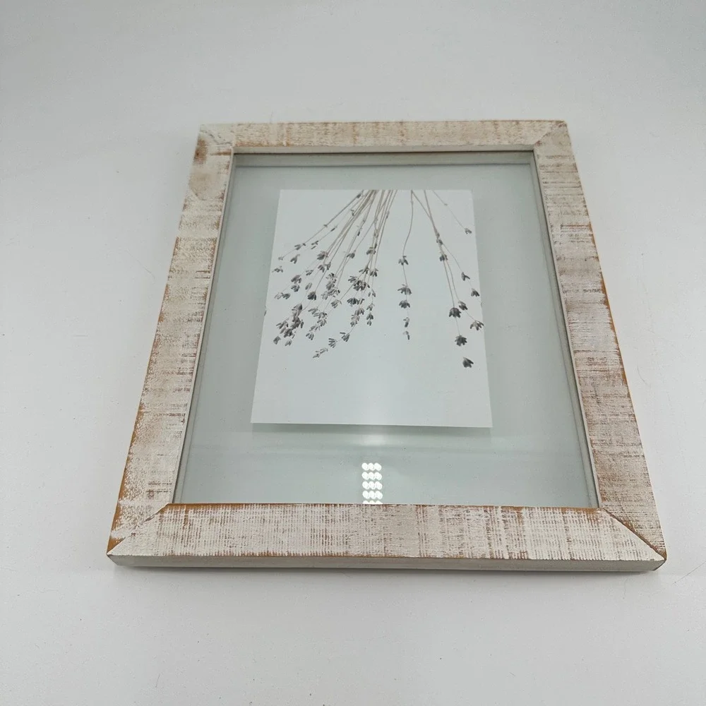 Distressed White Wood Picture Frame with Botanical Lavender Print Farmhouse Art